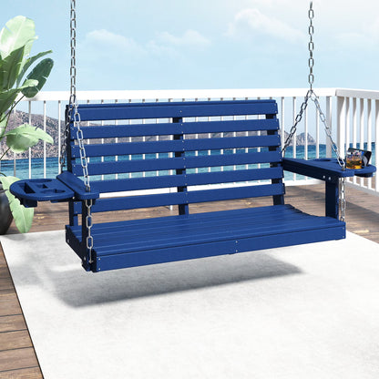 FOOWIN Outdoor Porch Swing, HDPE Patio Hanging Porch Swing with Cup Holder, Black