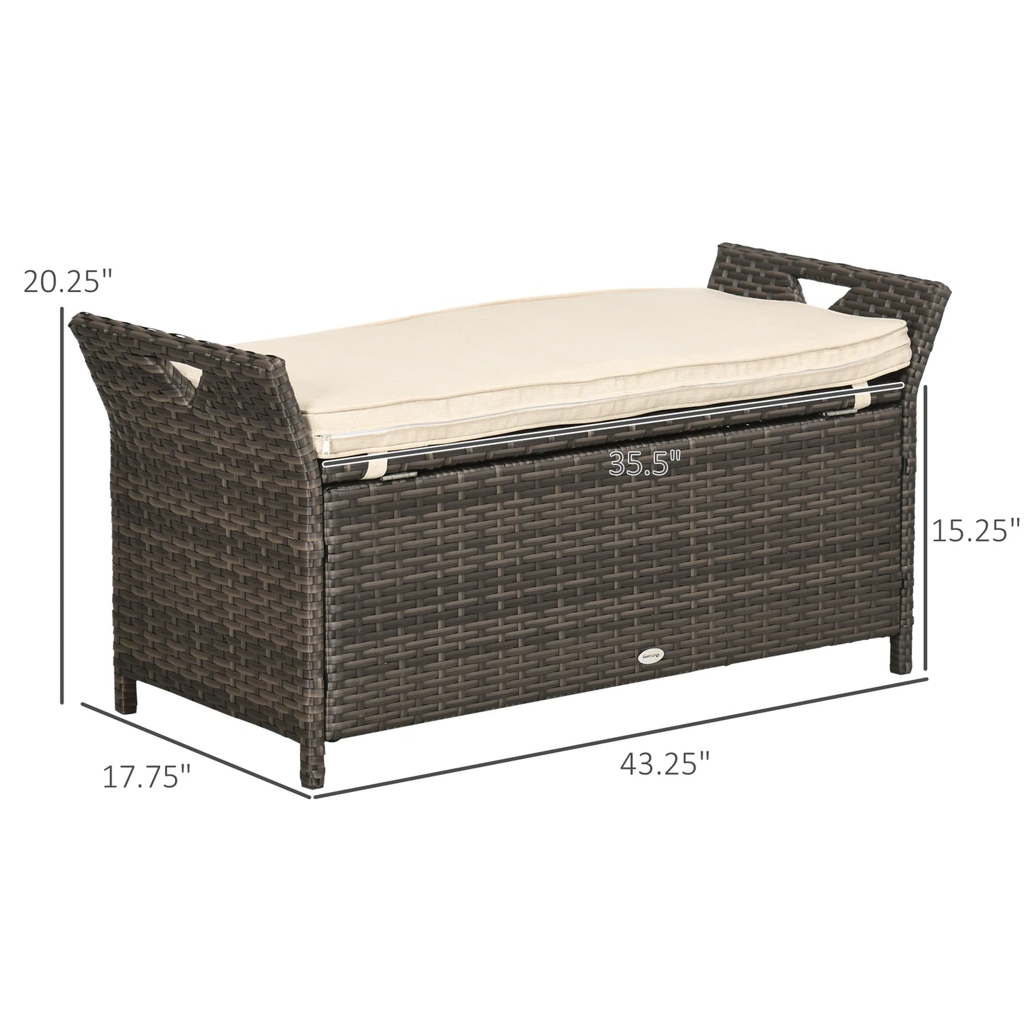 DUOSONG Outsunny 27 Gallon Patio Wicker Storage Bench, Outdoor Pe Rattan Patio Furniture, 2-In-1 Large Capacity Rectangle Garden Storage Box With Handles And Cushion, Cream White Brown+White Steel