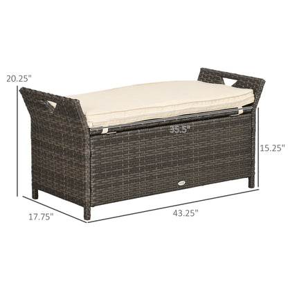 DUOSONG Outsunny 27 Gallon Patio Wicker Storage Bench, Outdoor Pe Rattan Patio Furniture, 2-In-1 Large Capacity Rectangle Garden Storage Box With Handles And Cushion, Cream White Brown+White Steel