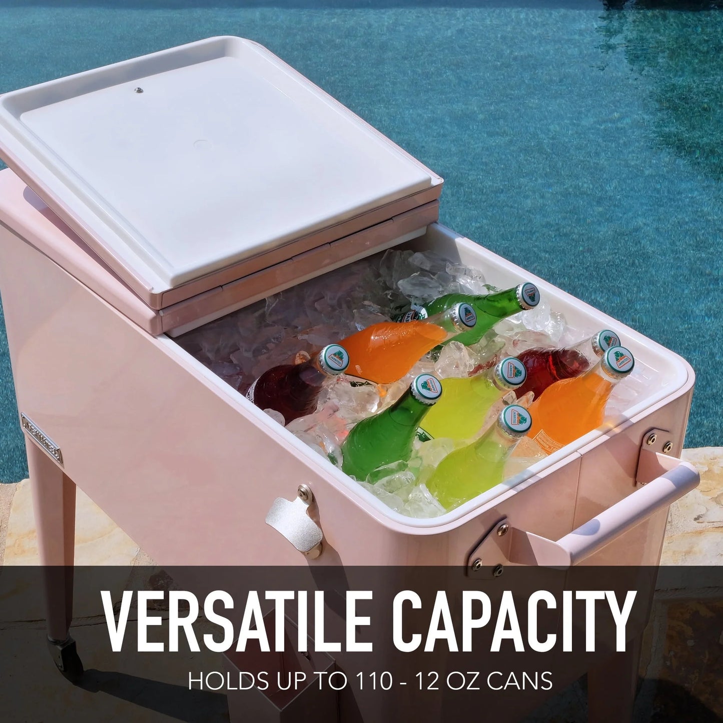 Permasteel 80-Qt Classic Outdoor Steel Patio Cooler on Wheels, Beverage Rolling Cart, Pink