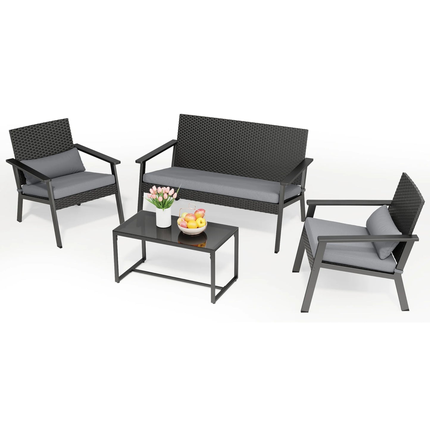 Lofka Outdoor Patio Furniture Set Clearance with Wicker Chairs and Tempered Glass Table for Balcony|Garden|Porch, Gray Cushions