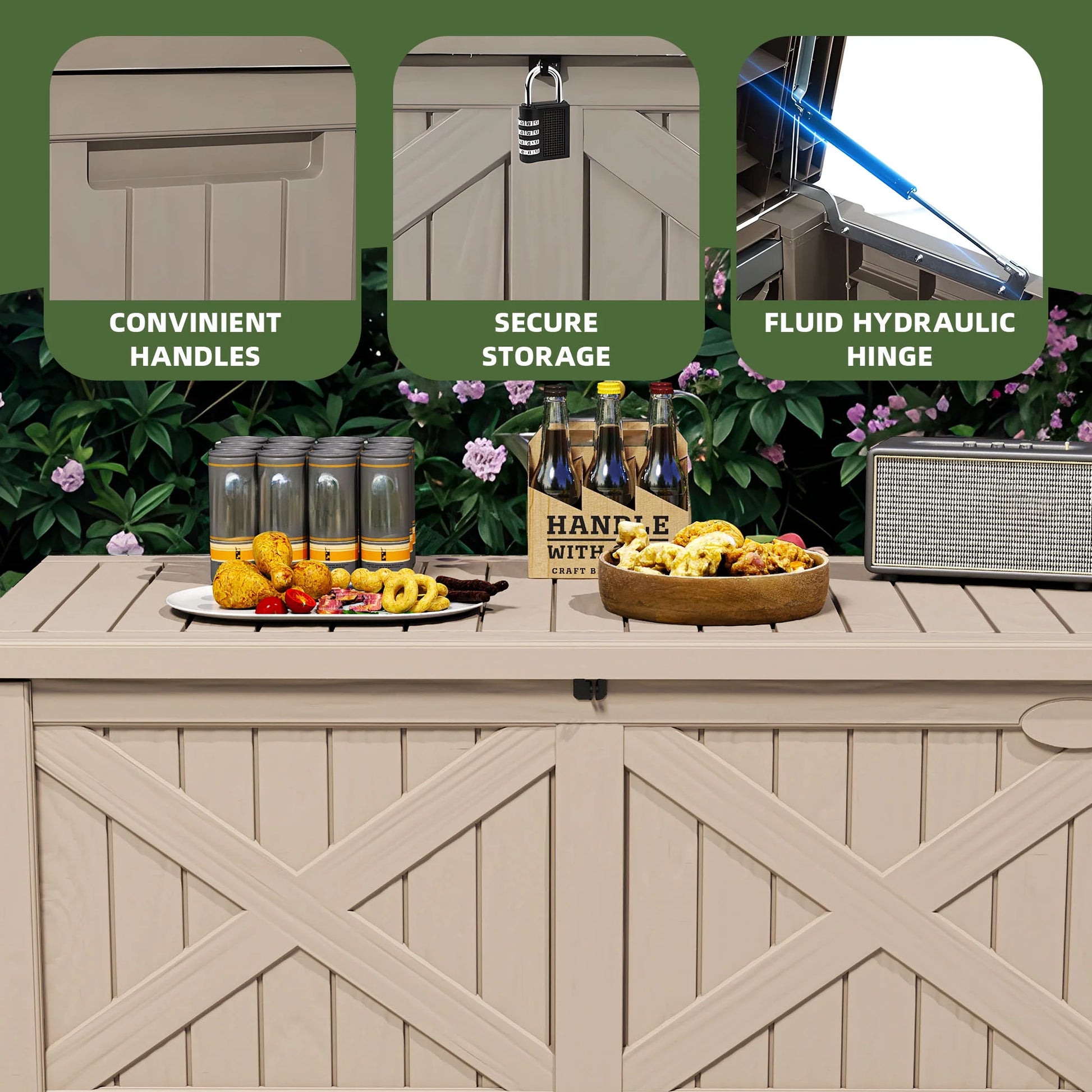 Uforic Outdoor 120 Gallon Large Resin Deck Box, Outdoor Storage Boxes with X-Shaped Front, for Patio Garden, Waterproof & Lockable, Light Brown