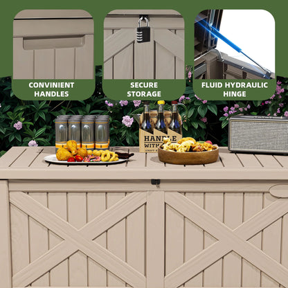 Uforic Outdoor 120 Gallon Large Resin Deck Box, Outdoor Storage Boxes with X-Shaped Front, for Patio Garden, Waterproof & Lockable, Light Brown