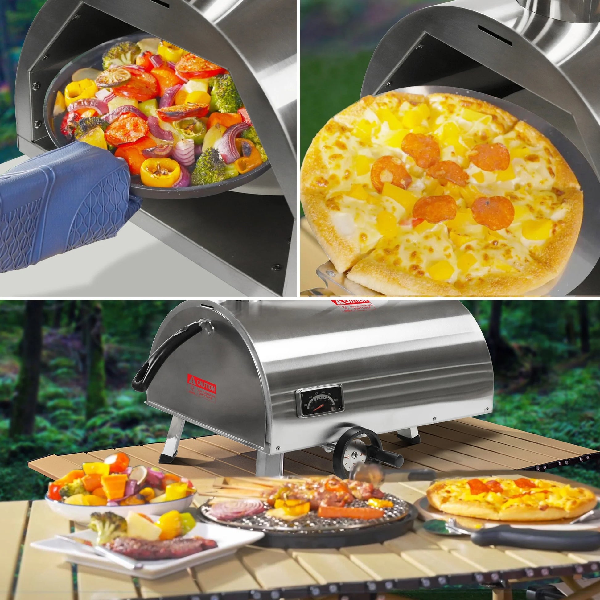 12" Wood Pellet Outdoor Pizza Oven, Portable Stainless Steel Rotatable Pizza Maker with Built-in Thermometer, Carry Bag, Pizza Cutter, Semi-Automatic Pellet & Wood Pizza Oven for Garden BBQ, Patio