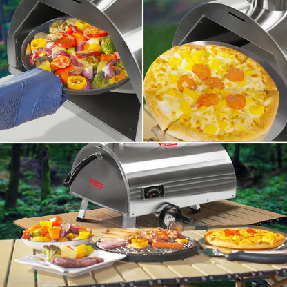 12" Wood Pellet Outdoor Pizza Oven, Portable Stainless Steel Rotatable Pizza Maker with Built-in Thermometer, Carry Bag, Pizza Cutter, Semi-Automatic Pellet & Wood Pizza Oven for Garden BBQ, Patio