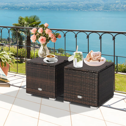 Costway 2PC Patio Rattan Ottoman Seat Side Table Storage Box Footrest Off White