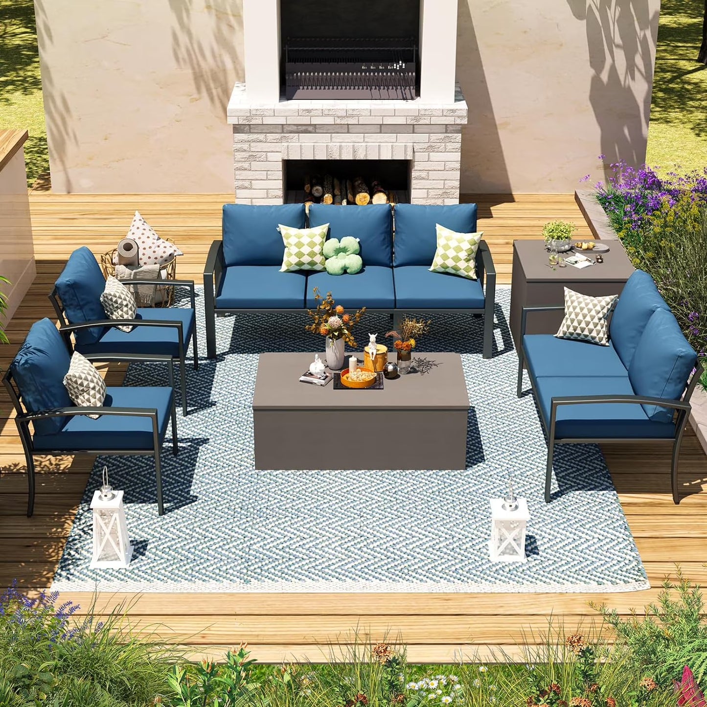 AECOJOY 7 Pieces Outdoor Furniture Set with Two Storage Boxes, Rattan Wicker Sectional Sofa Couch Patio Conversation Set, Dark Blue
