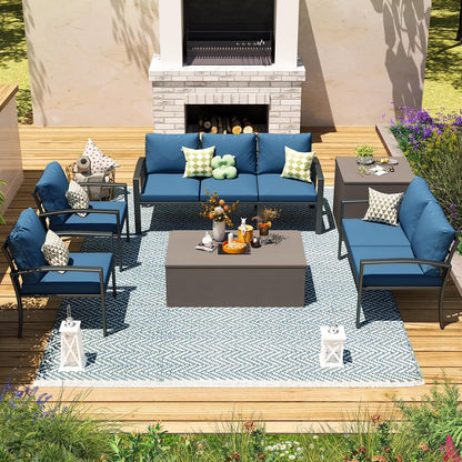 AECOJOY 7 Pieces Outdoor Furniture Set with Two Storage Boxes, Rattan Wicker Sectional Sofa Couch Patio Conversation Set, Dark Blue