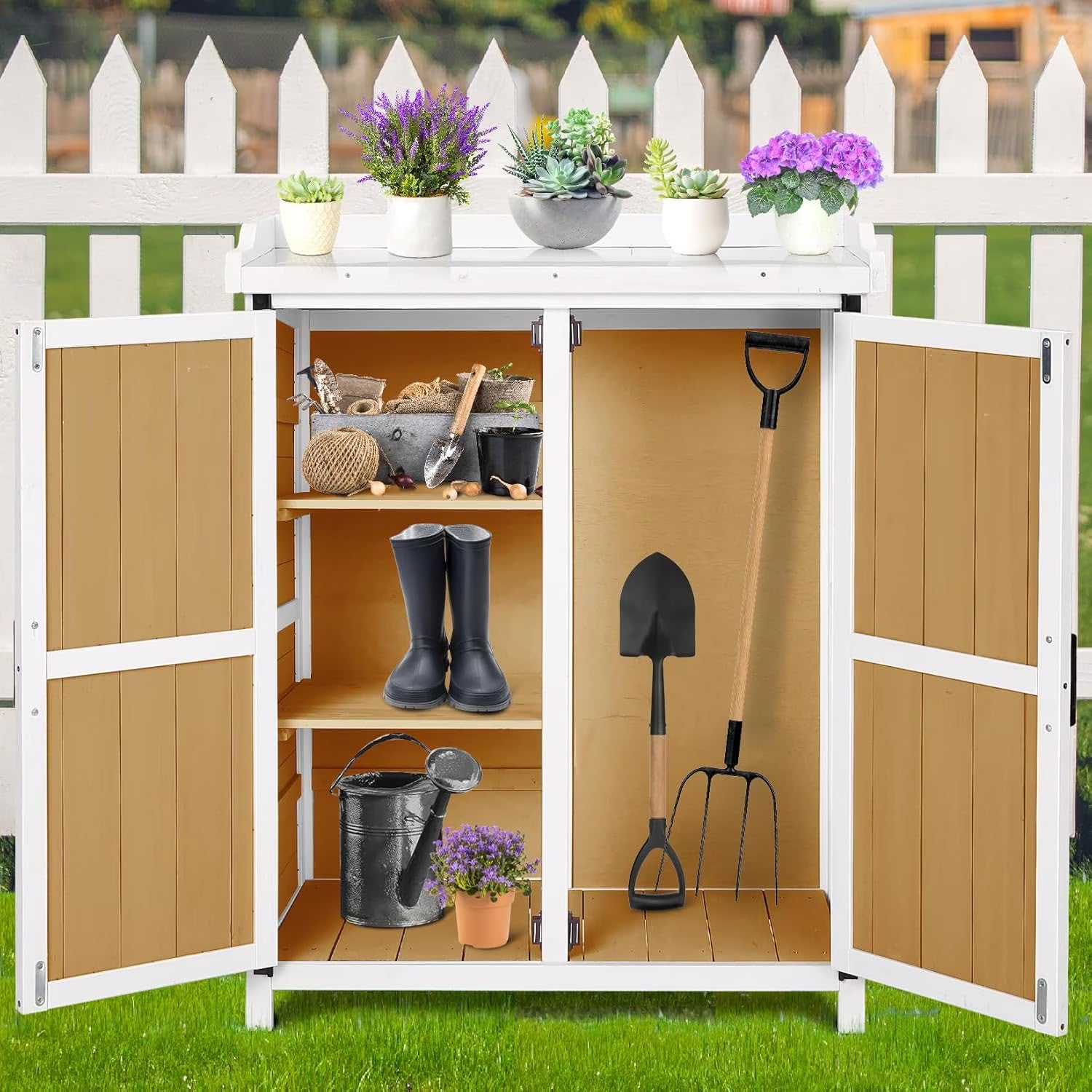 Garden Potting Bench Table,Outdoor Garden Horticultural Wooden Storage Cabinet & Wood Planting Work Bench with Adjustable Shelf & Metal-Plated Tabletop,Double-Door Work Bench for Backyard Patio Lawn