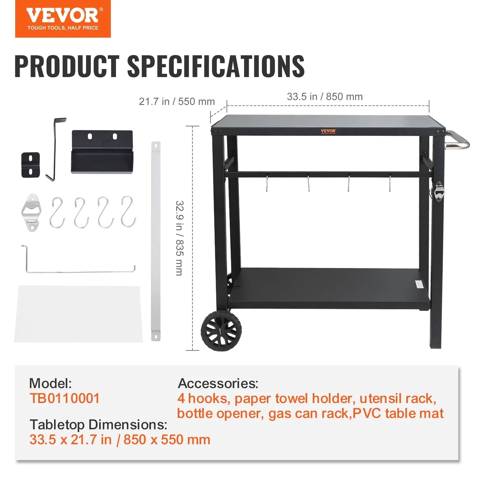 BENTISM Outdoor Grill Dining Cart Double-Shelf BBQ Movable Food Prep Trolley Patio