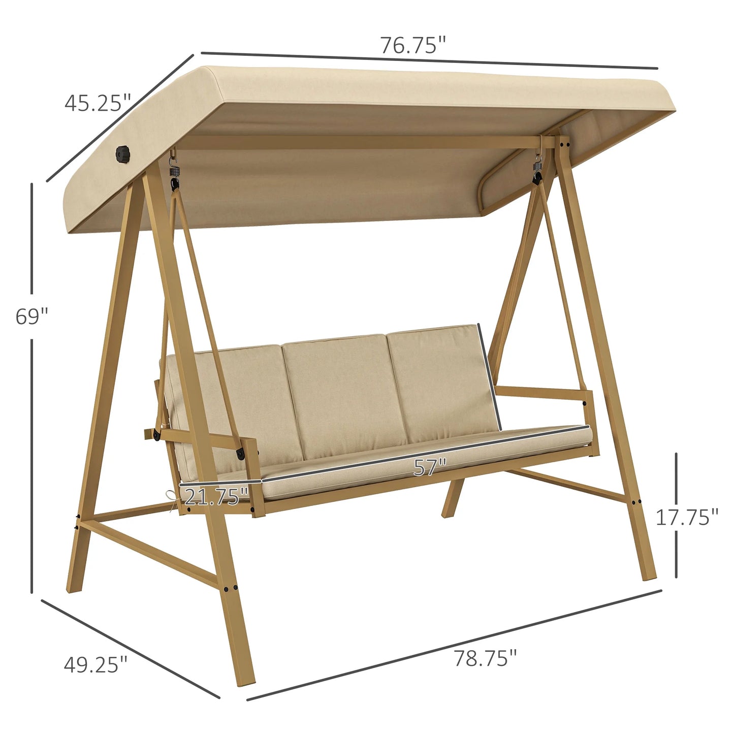 Outsunny 3-Seat Outdoor Porch Swing, Patio Swing Chair with Adjustable Canopy, Removable Cushions for Garden, Backyard, and Poolside, Beige