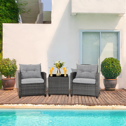 Gymax 3PCS Patio Rattan Sofa Set Outdoor Wicker Conversation Set Glass Tabletop w/Grey Cushion