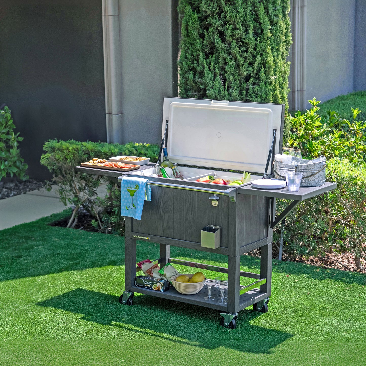 Permasteel 100-quart Patio Cooler & Indoor Beverage Cart with Side Shelves