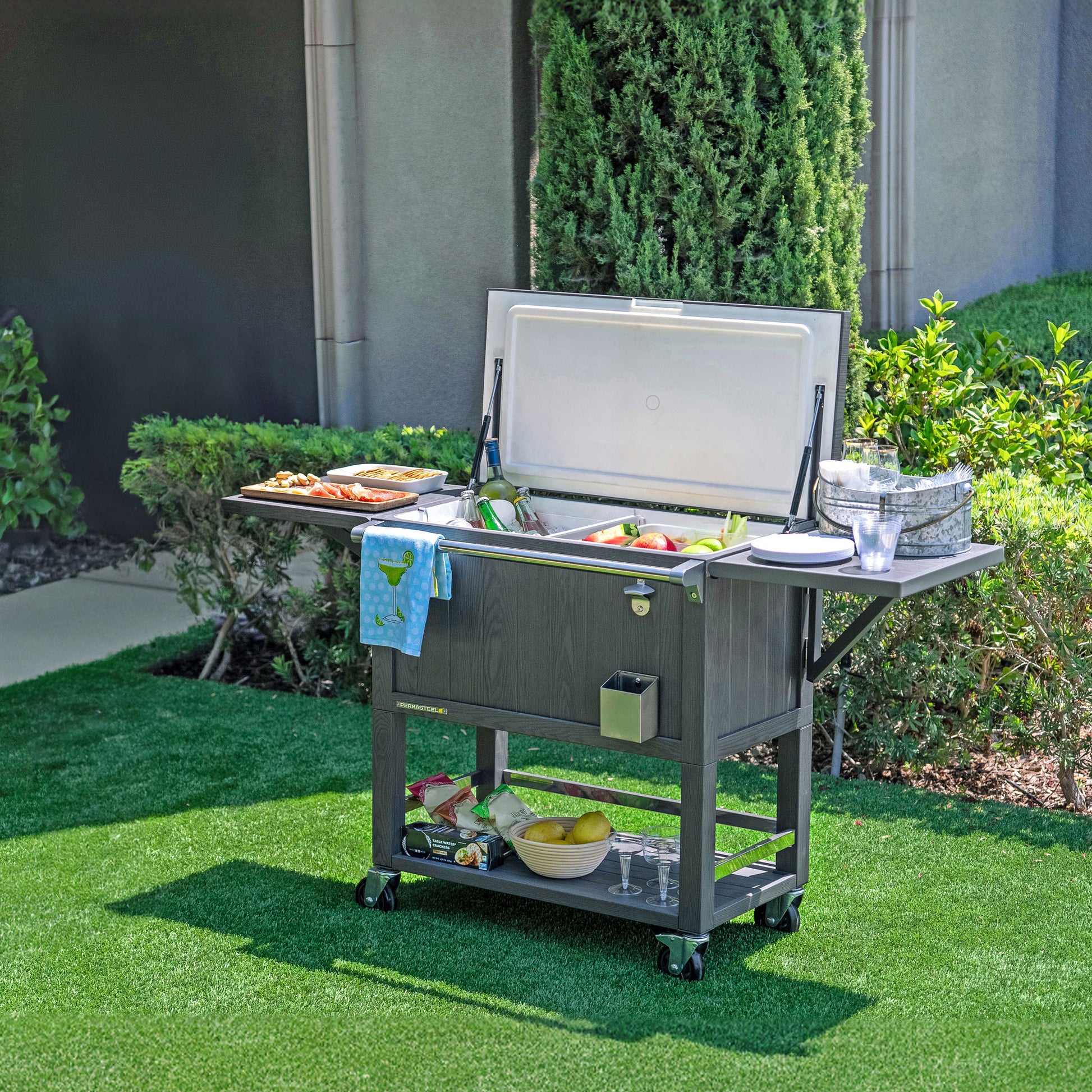 Permasteel 100-quart Patio Cooler & Indoor Beverage Cart with Side Shelves