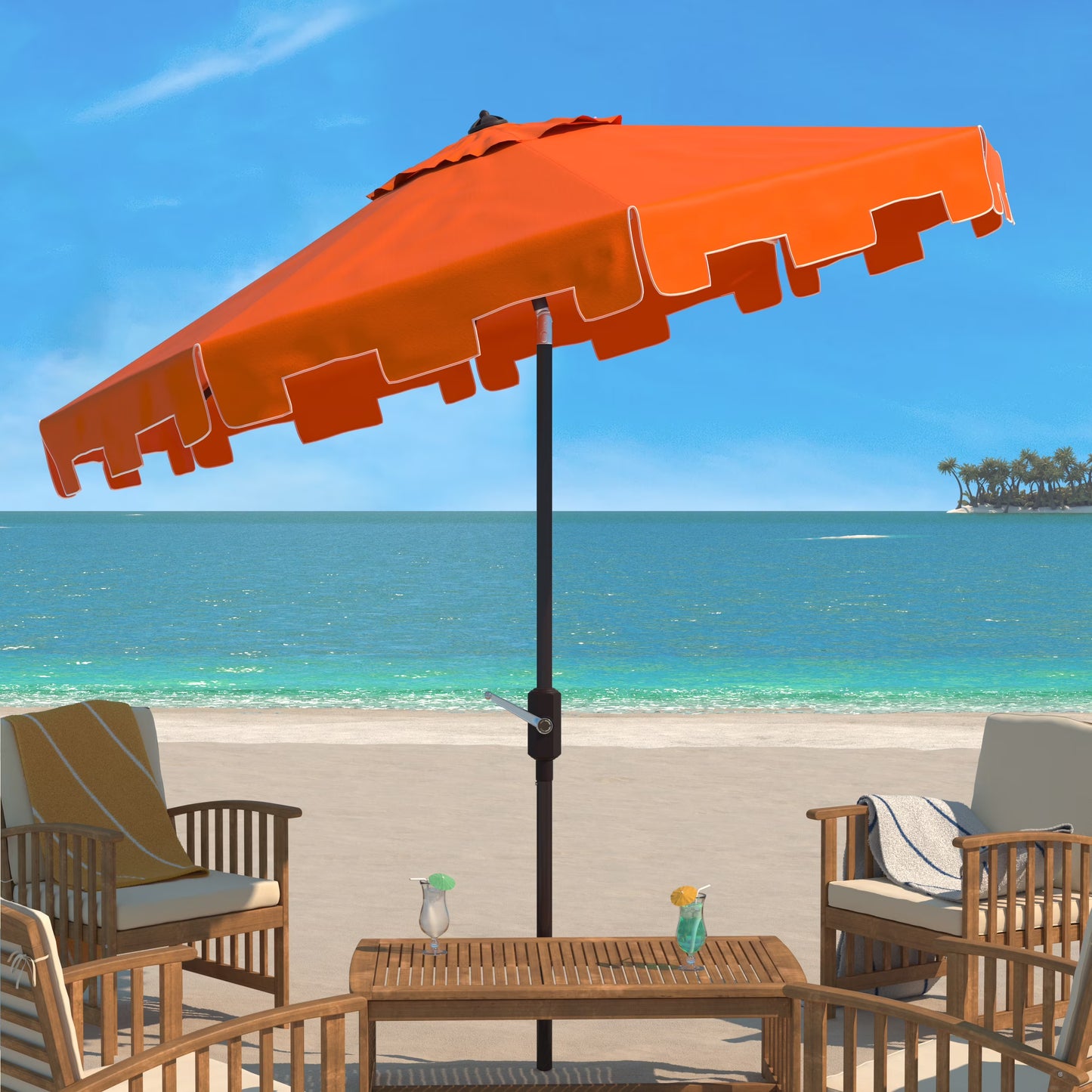 SAFAVIEH Zimmerman 11' Market Crank Round Patio Umbrella, Baby Blue/White