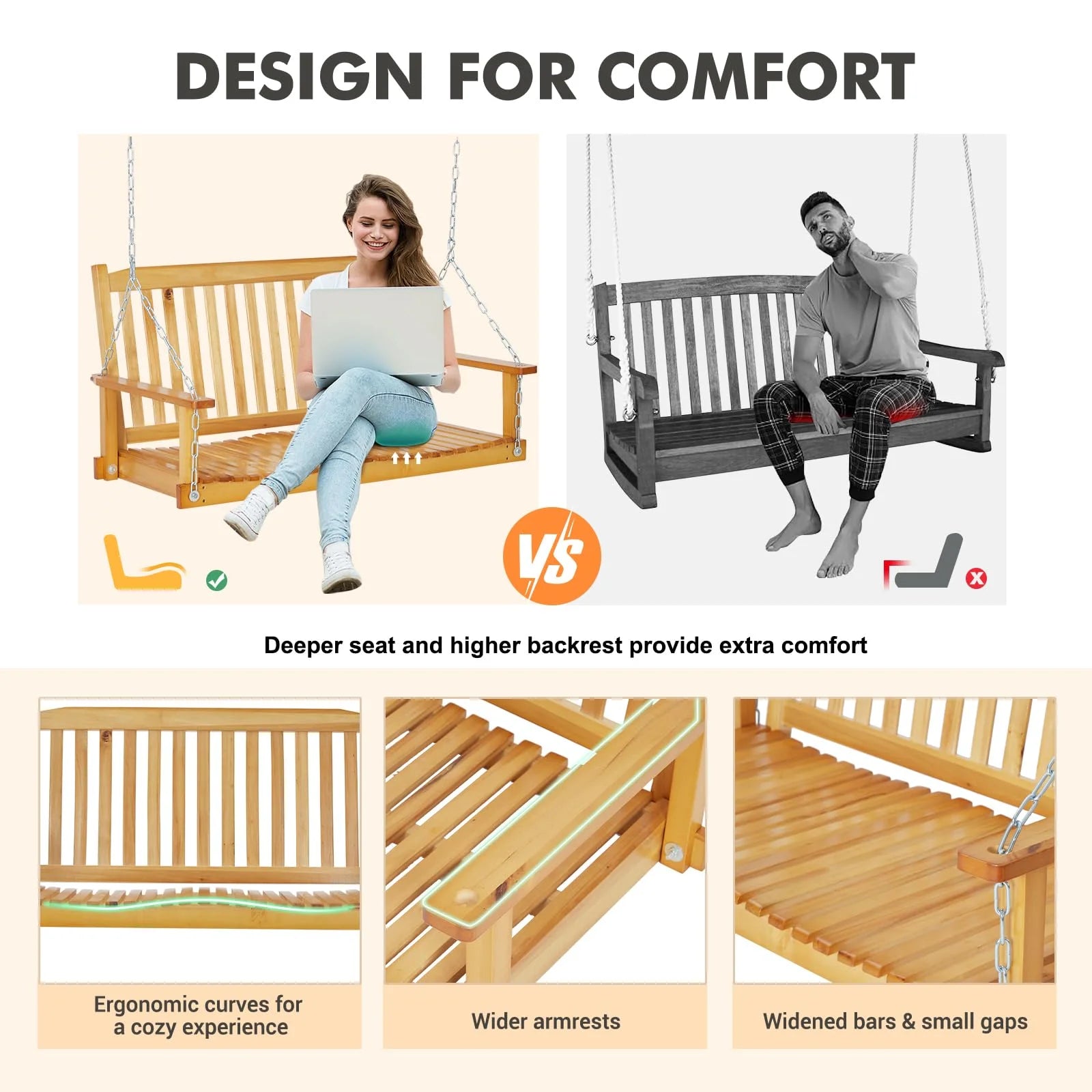 Garvee Outdoor Wooden Porch Swing 4FT, Patio Porch Bench Swing, Heavy Duty 440LBS Hanging Swing Chair Beach Outdoor Swings with Hanging Chain, Spring for Garden Deck Patio Outdoor Yard
