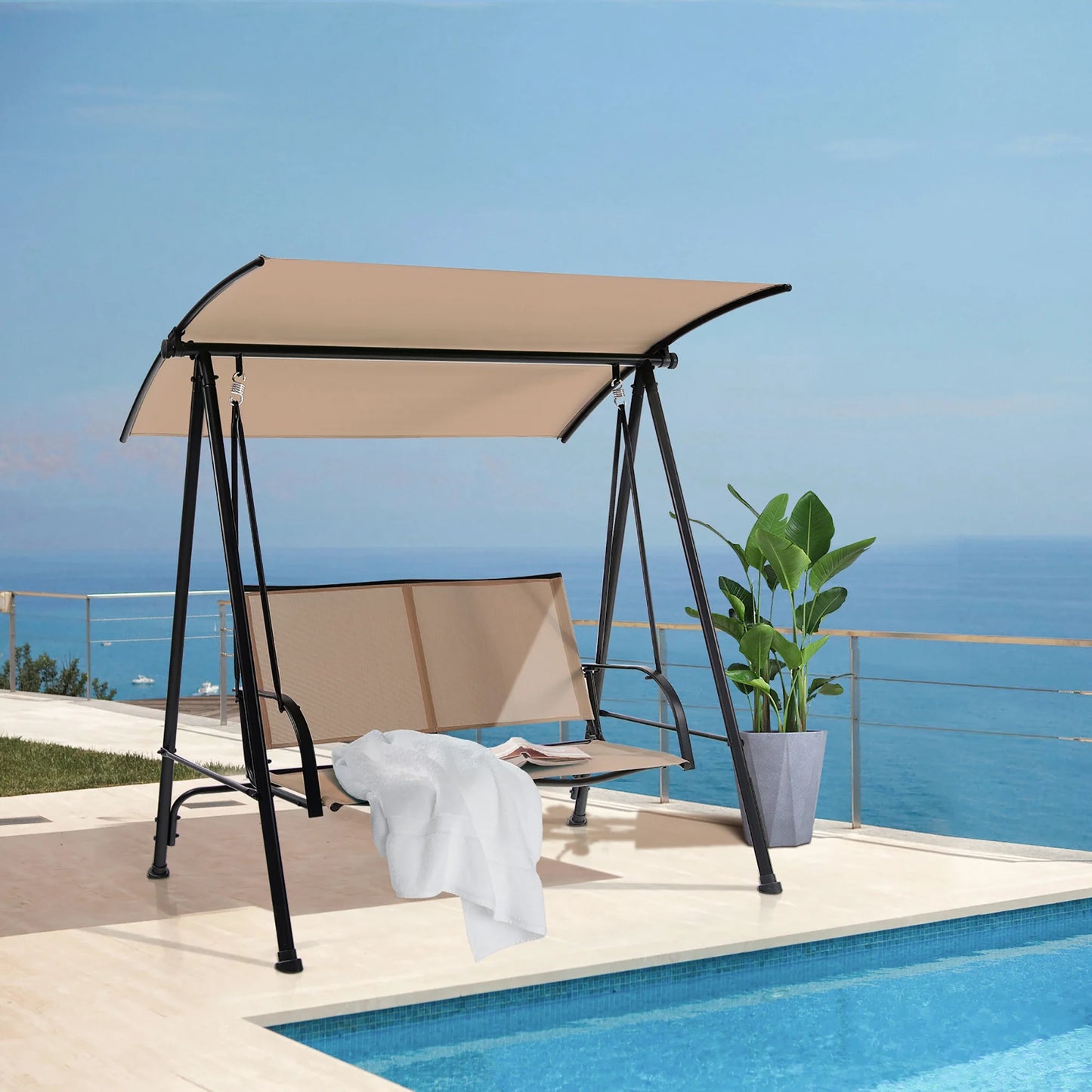 Costway 2-Seat Patio Swing Porch Swing with Adjustable Canopy for Garden Dark Beige