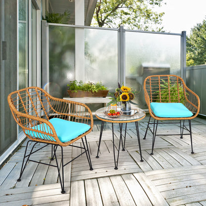 Costway 3PCS Patio Rattan Bistro Furniture Set Cushioned Chair Table Navy