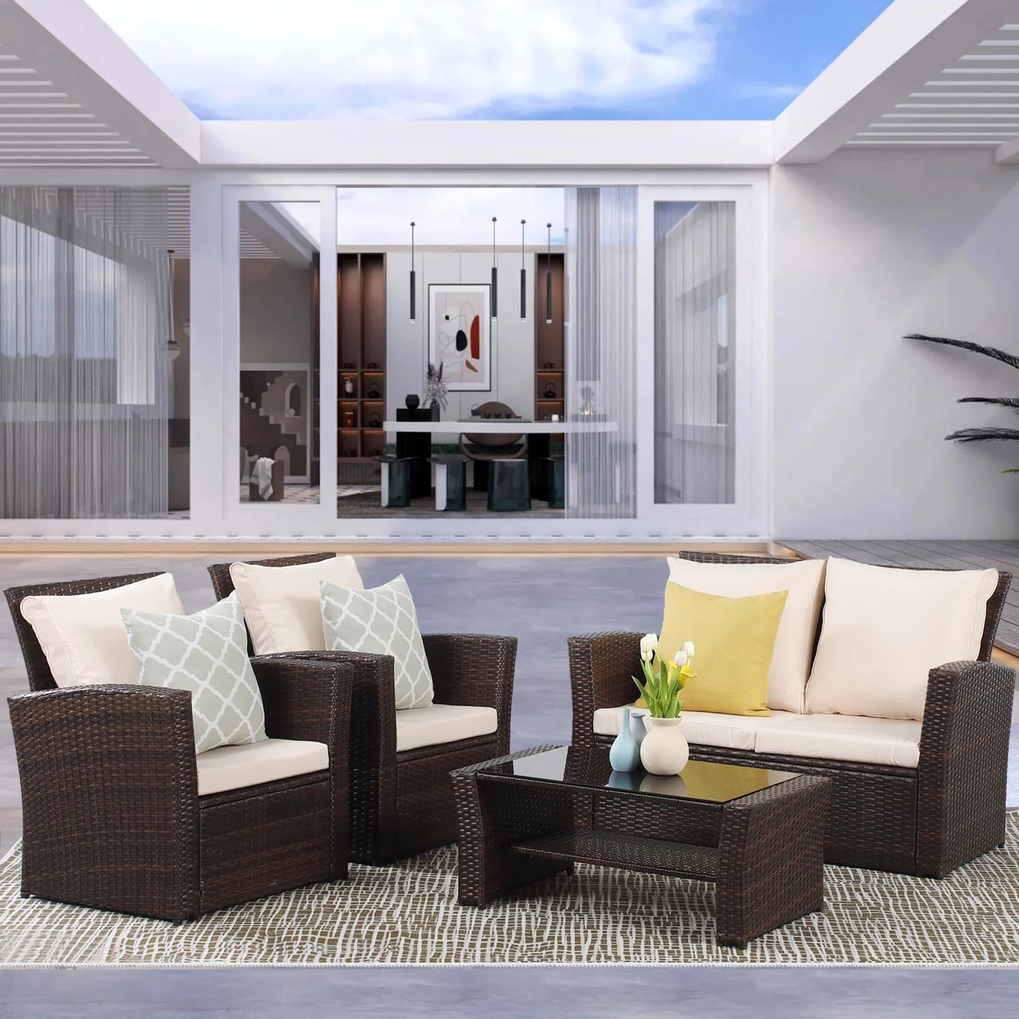 Superjoe 4 Pcs Outdoor Patio Furniture Sets, Wicker Rattan Conversation Set with Coffee table, Brown