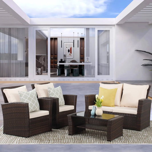 Superjoe 4 Pcs Outdoor Patio Furniture Sets, Wicker Rattan Conversation Set with Coffee table, Brown