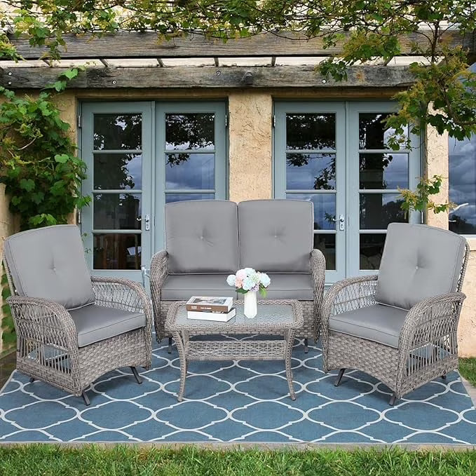 SOCIALCOMFY 4-Piece Wicker Patio Furniture Sets Outdoor All-Weather Rattan Conversation Set Includes Glider Loveseat, Glass-Top Coffee Table, 2 Glider Rocker Chairs with Thickened Cushions