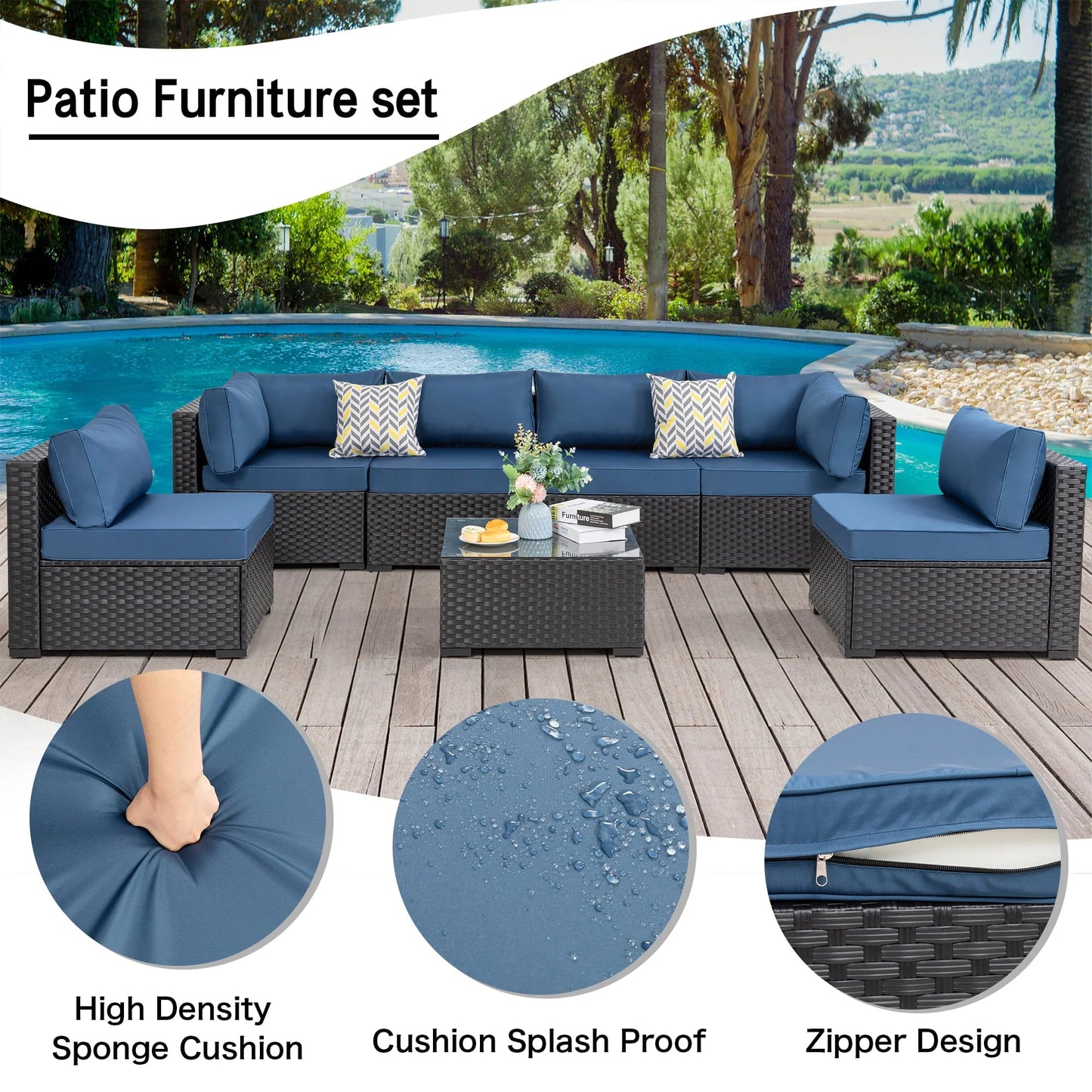 Walsunny 7 Pieces Outdoor Sectional Sofa Furniture Sets, All-Weather Black Wicker Patio Furniture Sets with Tea Table and Washable Couch Cushions Aegean Blue