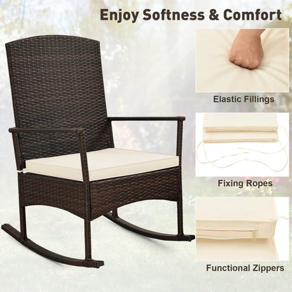 Costway Serenity 3 Piece Patio Rocking Wicker Rockers with White Cushions 2 Tier Coffee Table