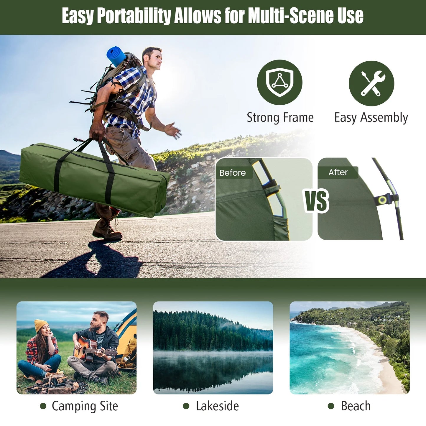 Patiojoy 1-Person Folding Camping Tent Cot Portable Pop-Up Tent w/Sleeping Bag & Air Mattress for Outdoor