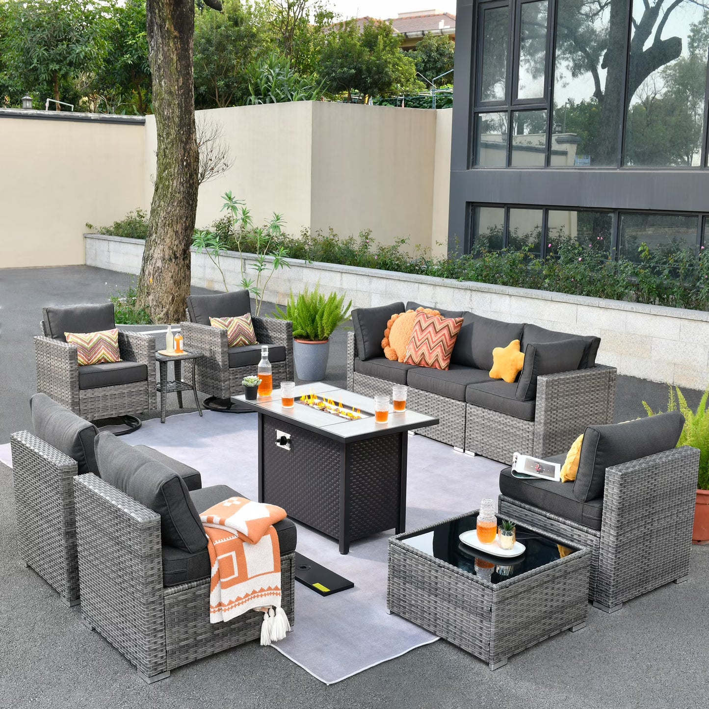 Ovios 11 Pieces Patio Fire Pit Set Outdoor Wicker Sectional Sofa Conversation Set with Swivel Rocking Chairs and Side Table,Dark Gray
