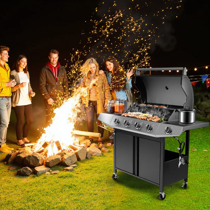 Enyopro 4 Burner Propane Gas Grill w/Side Burner, 50,000BTU Stainless Steel BBQ Grill with Brush, Built-in Thermometer, 4 Universal Wheels for Outdoor Cooking Patio Backyard