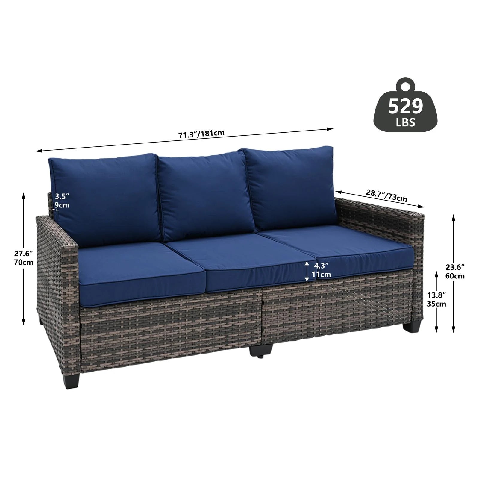 Decksplore All Weather Wicker Patio Couch, 3 Seats Patio Sofa with High Curvy Back, Premium Outdoor Sofa with Brown Wicker and Thick Cushions for Garden, Backyard, Porch Navy Blue