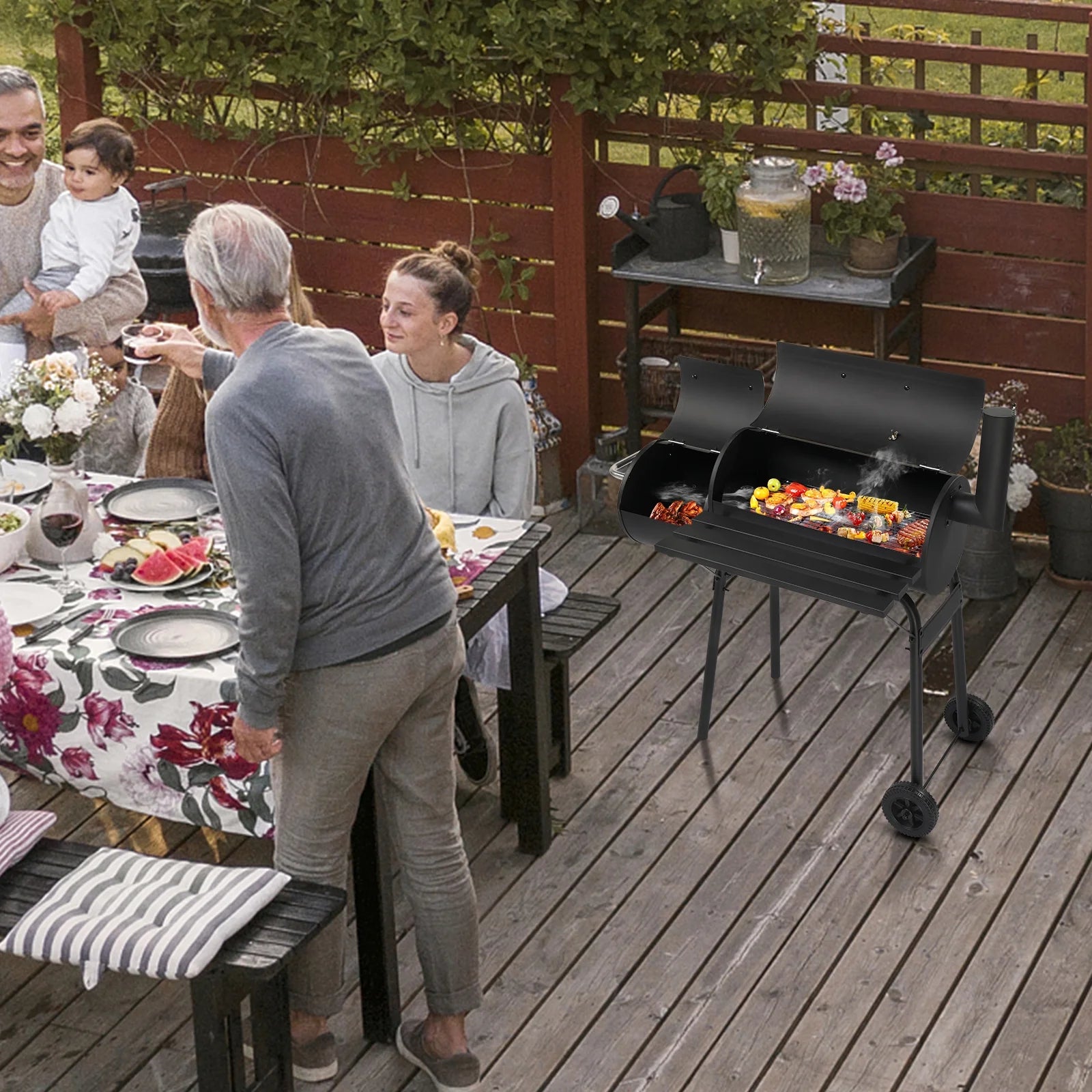 Qiushi Outdoor BBQ Charcoal Grill, Portable Camping Grill for 6-10 People with Offset Smoker & Wheels for Patio Backyard Picnic