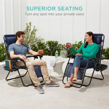 Best Choice Products Set of 2 Zero Gravity Lounge Chair Recliners for Patio, Pool w/Cup Holder Tray - Navy Blue