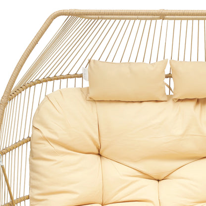 Uforic Beige Dual Egg Seat with Base, 2-Person Wicker Egg Chair for Indoor/Outdoor Patio Use with Cushions, Supports up to 510lbs, Perfect for Patio, Bedroom, Garden, and Balcony