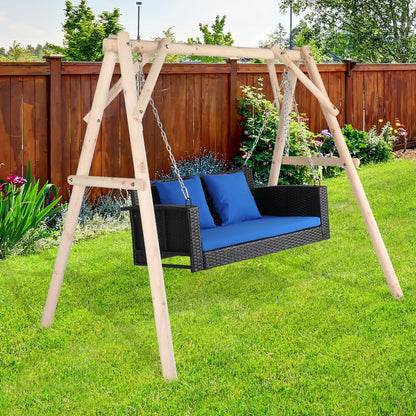 OverPatio 2-Person Rattan Wicker Swing Porch Swing Hanging Bench Outdoor Chair, Black Wicker Blue Cushion