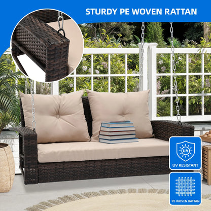 Dextrus 2-Seats Wicker Hanging Porch Swing Chair Outdoor Black Rattan Patio Swing Lounge w/2 Back Cushions Capacity 770lbs for Garden, Balcony, Living Room, Beige