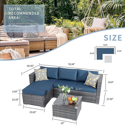 Walsunny 3 Piece Aegean Blue Outdoor Furniture Sectional Sofa Patio Set Silver Gray Rattan Wicker