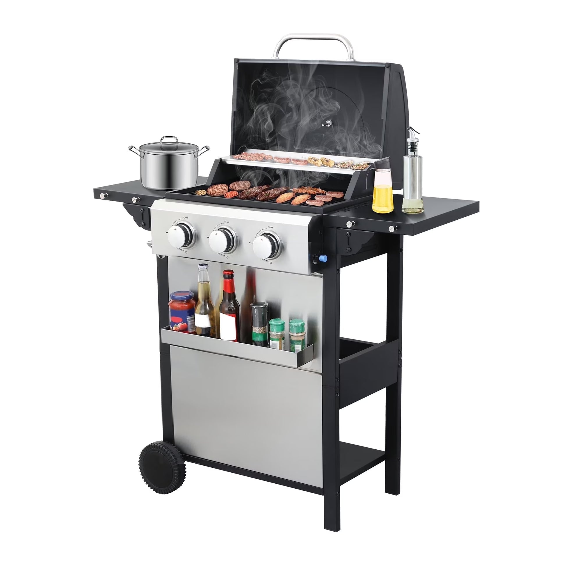 3-Burner Propane Gas Grill with 2 Foldable Side Tables, 30,000 BTU Outdoor BBQ Stainless Steel Grill with Porcelain-Enameled Cast Iron Grates and Thermometer, Easy Assembly for Patio, Backyard BBQ