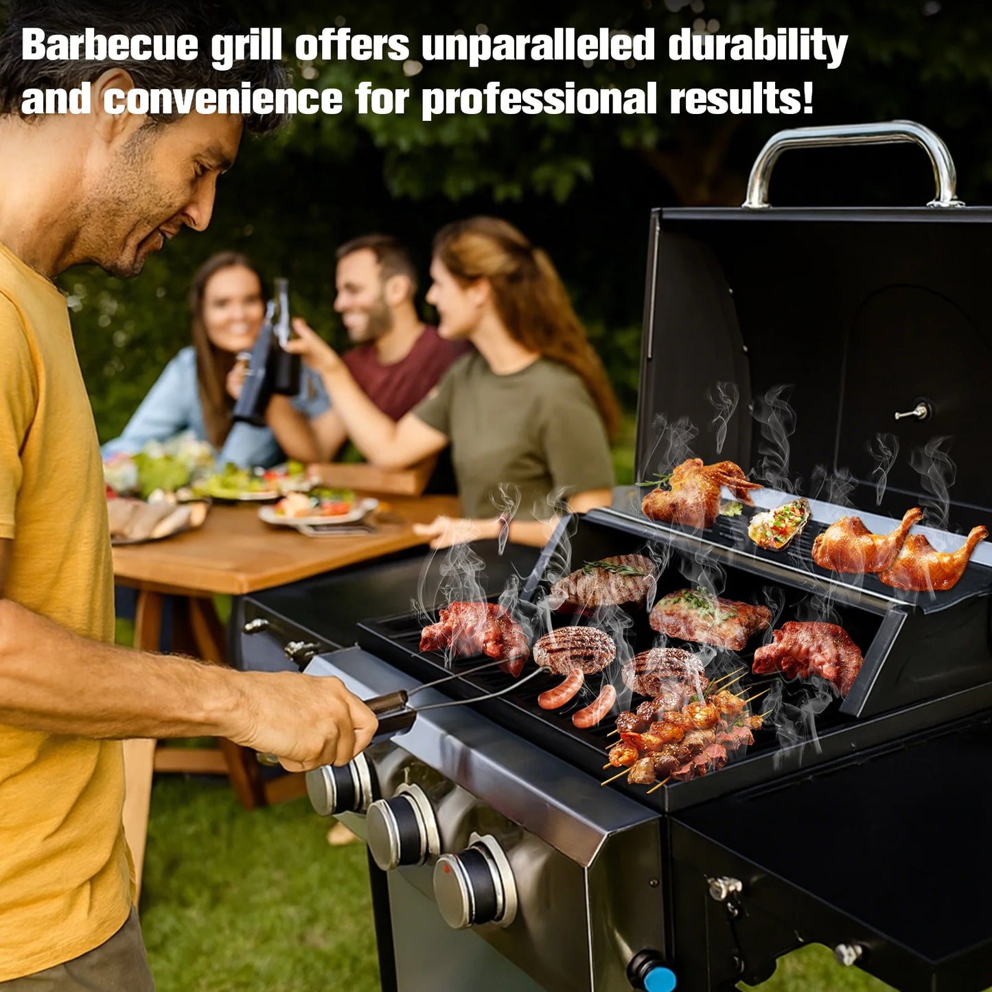 CIG GARDEN 3-Burner Propane Gas Grill,Outdoor Barbecue Grill with Side Tables and Wire Enamel Cooking Grids,31,500 BTU Output Stainless Steel Grill for Patio Garden Camping Backyard BBQ