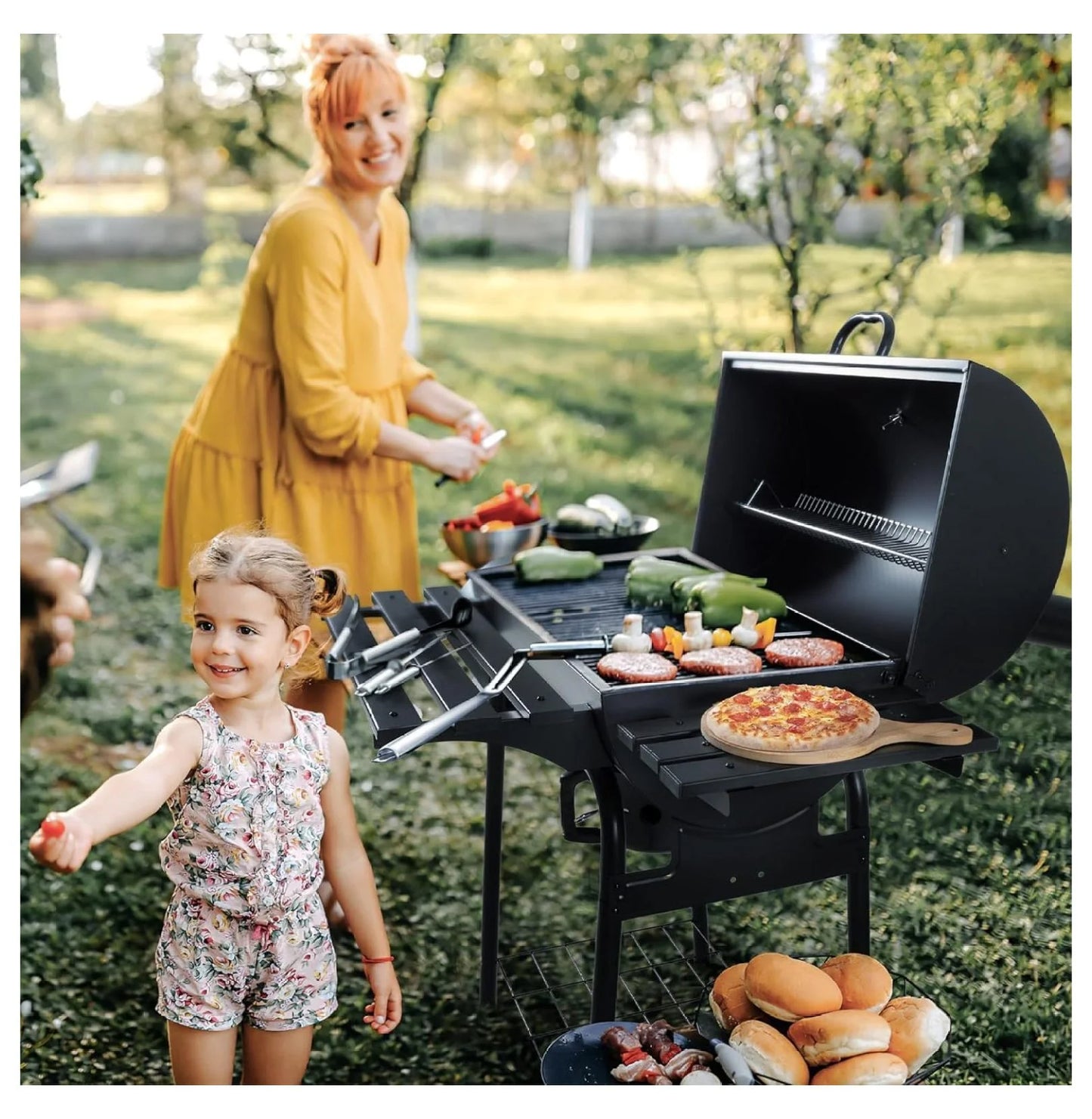 Charcoal Grill 3-in-1, Offset Smoker BBQ Grill for Outdoor Use, Heavy Duty Steel Grill with Side Table, Warming Rack, Fire Drawer - Garden, Patio, Backyard