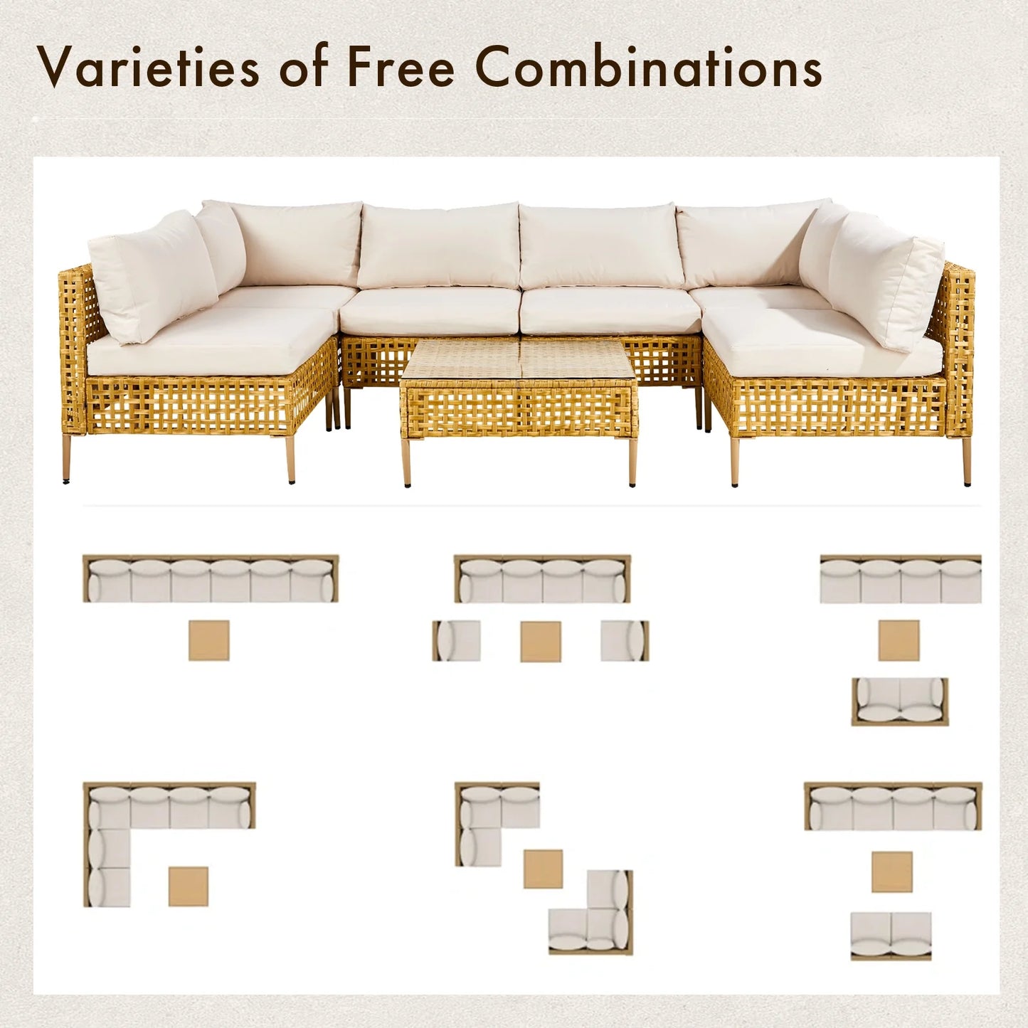 Ktaxon 7-Piece Wicker Patio Furniture Set, Patio Furniture Set with Water Resistant Thick Cushions and Coffee Table, Beige
