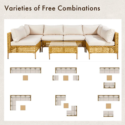Ktaxon 7-Piece Wicker Patio Furniture Set, Patio Furniture Set with Water Resistant Thick Cushions and Coffee Table, Beige