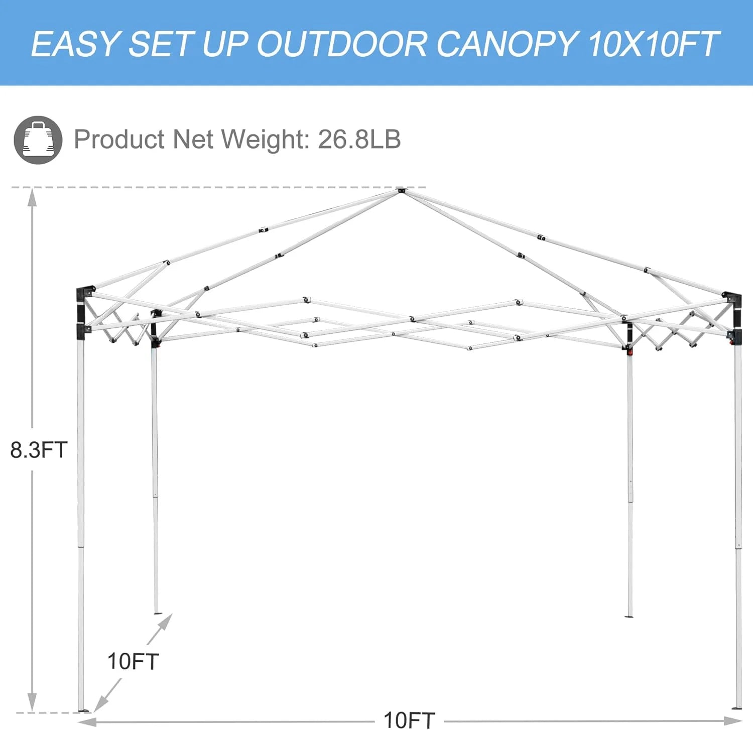 PRZL 10x10 Pop Up Canopy Tent Easy Set-up Outdoor Patio Canopy Adjustable Straight Leg Heights Instant Shelter with Wheeled Bag, Ropes (10x10ft-Grey)