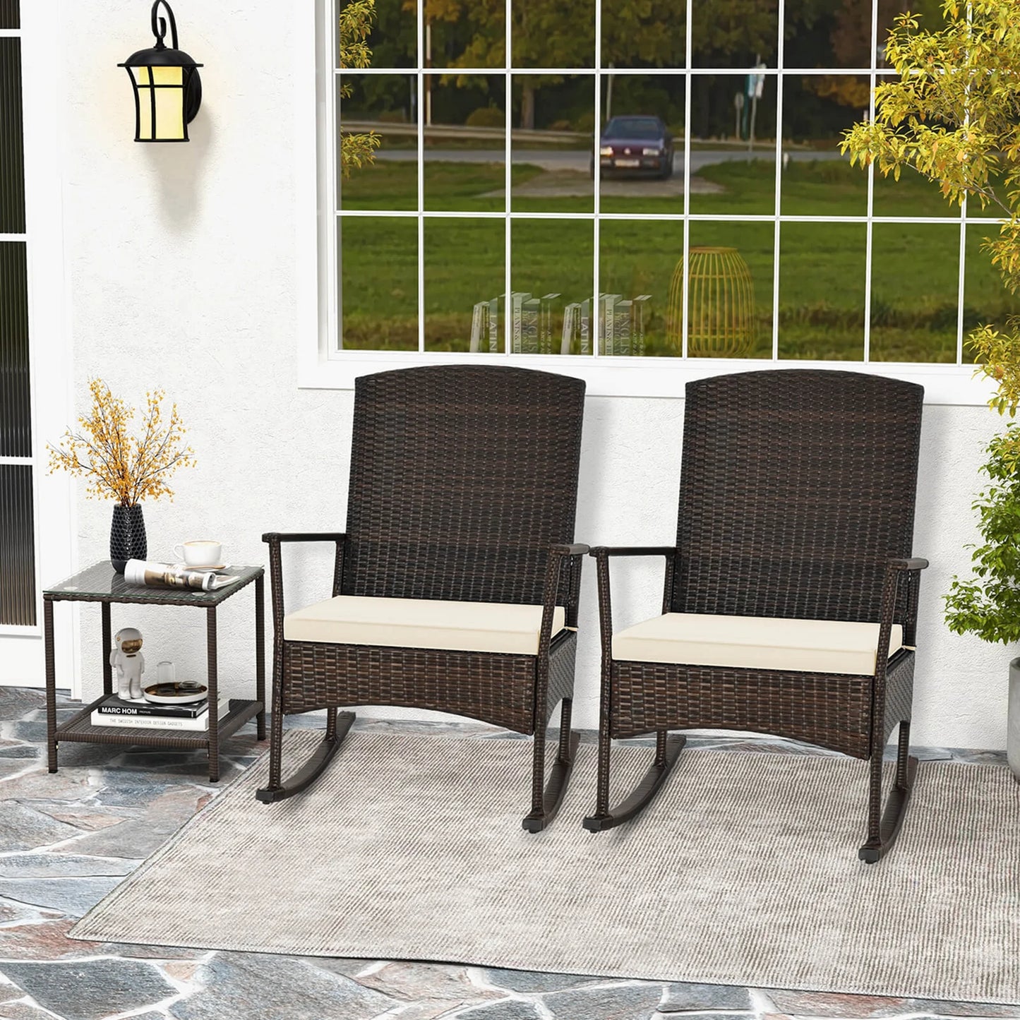 Costway Serenity 3 Piece Patio Rocking Wicker Rockers with White Cushions 2 Tier Coffee Table