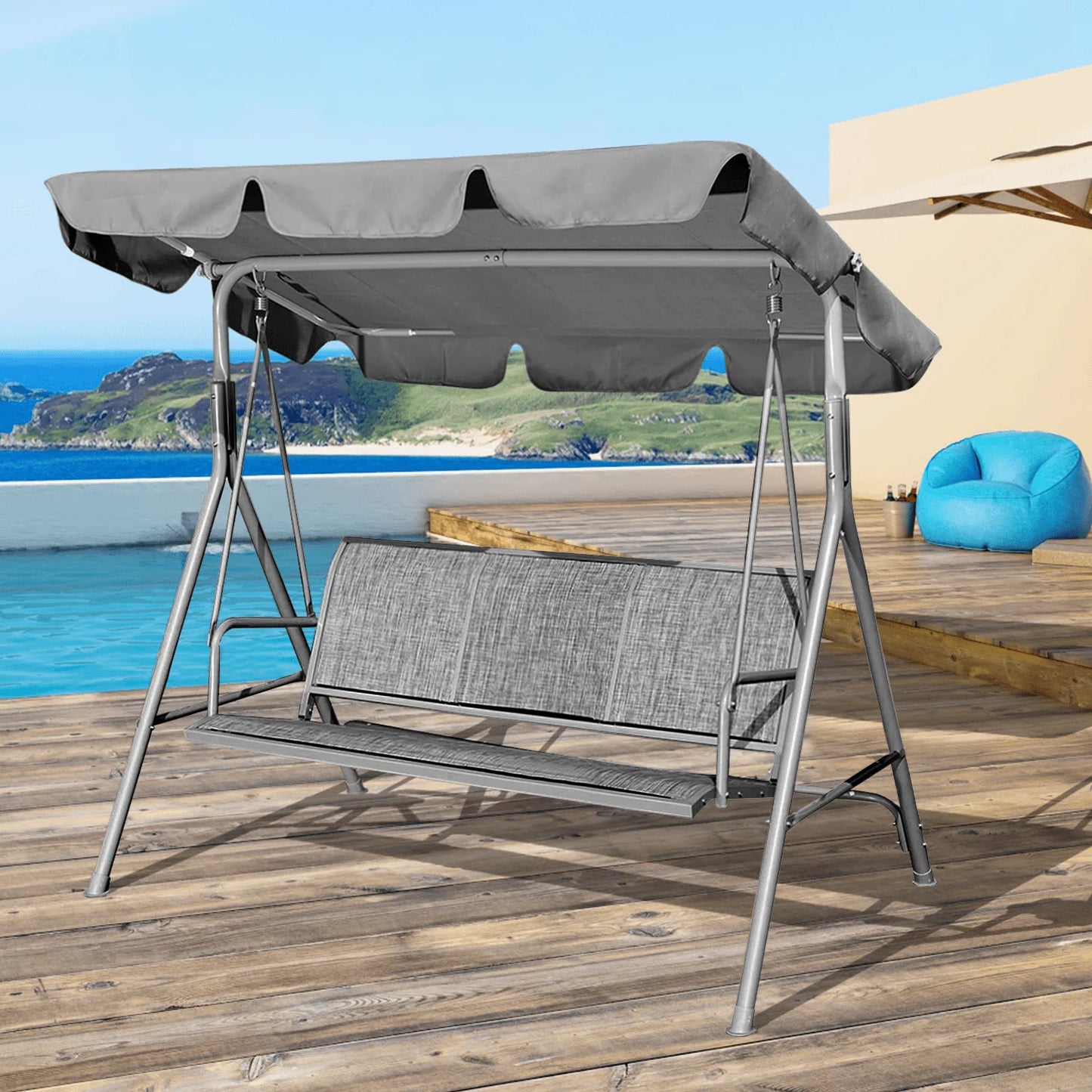 CoPedvic Canopy Porch Patio Swing with Canopy, 3-Seat Steel Outdoor Swing Chair with Stand , Yard swing& Outside swing,Gray