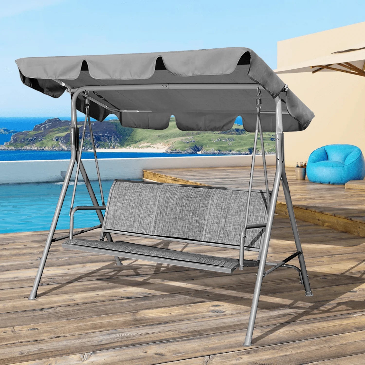 CoPedvic Canopy Porch Patio Swing with Canopy, 3-Seat Steel Outdoor Swing Chair with Stand , Yard swing& Outside swing,Gray