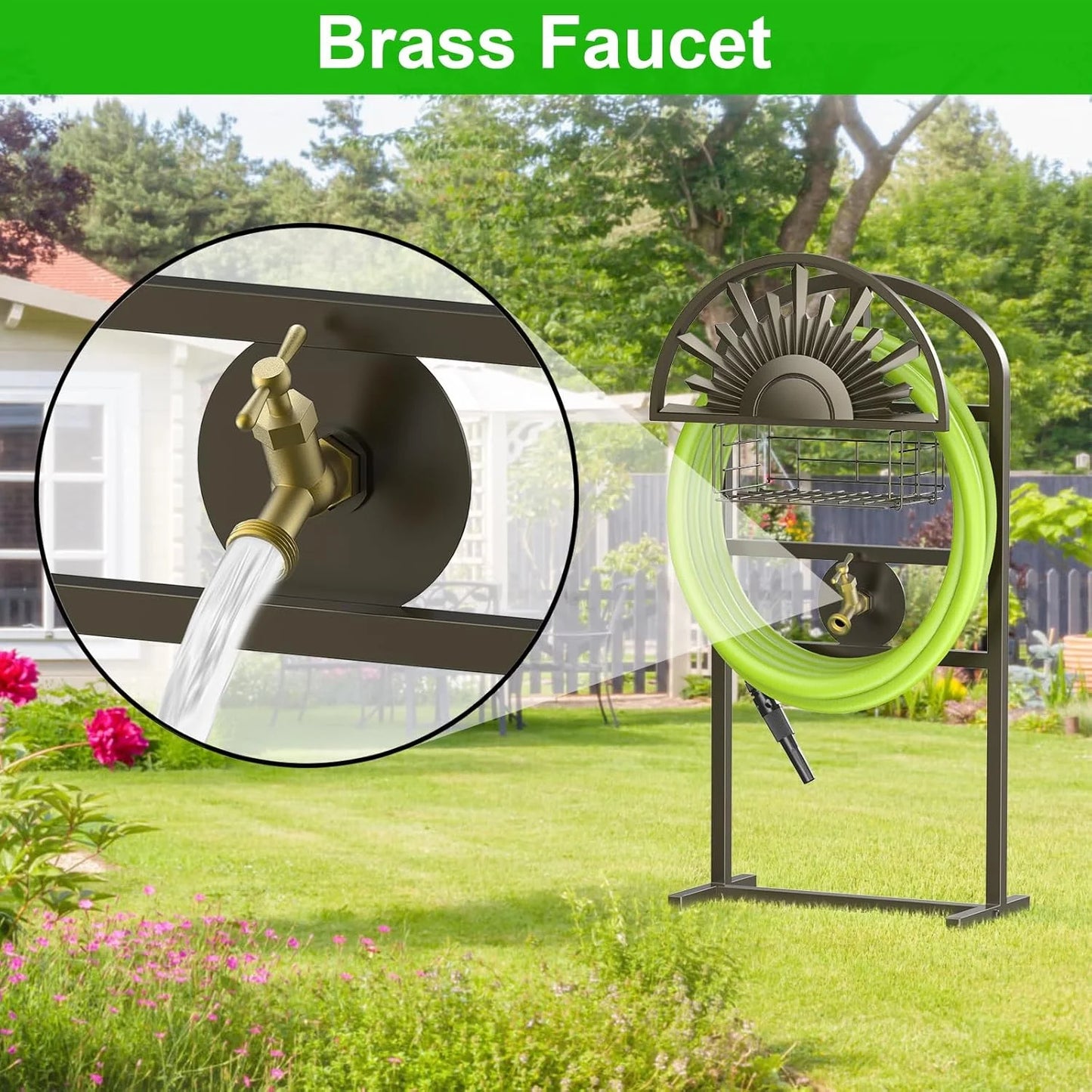 Garden Hose Holder with Brass Faucet, Freestanding Water Hose Stand with Storage Basket, Detachable Heavy Duty Hose Reel Hanger Holds 150-Feet Hose for Outside Patio Yard Lawn