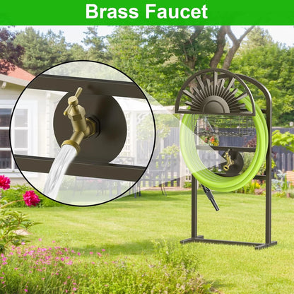 Garden Hose Holder with Brass Faucet, Freestanding Water Hose Stand with Storage Basket, Detachable Heavy Duty Hose Reel Hanger Holds 150-Feet Hose for Outside Patio Yard Lawn