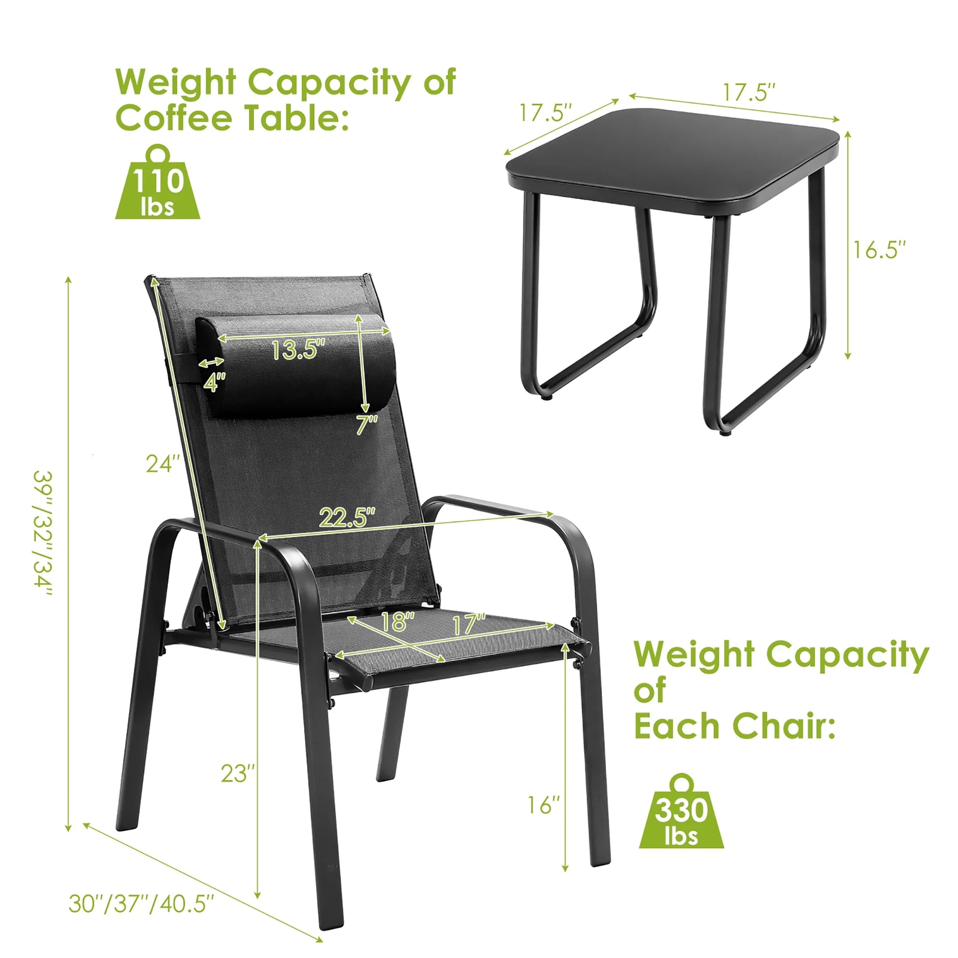 Costway 3PCS Patio Bistro Furniture Set Adjustable Back Stackable Chairs Black