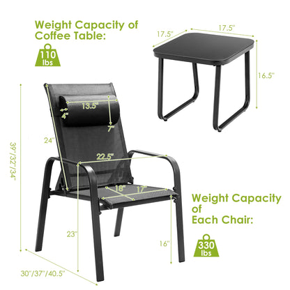 Costway 3PCS Patio Bistro Furniture Set Adjustable Back Stackable Chairs Black